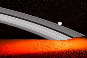 Composing Karakum Wüste mit Mond und Saturnringen